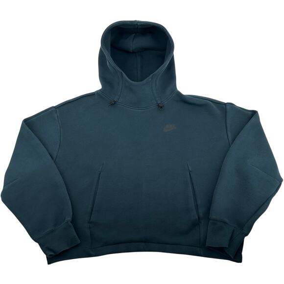Women's Blue Nike NSW Tech Fleece Oversized Cropped Hoodie Sweatshirt Sz Medium - Picture 1 of 8